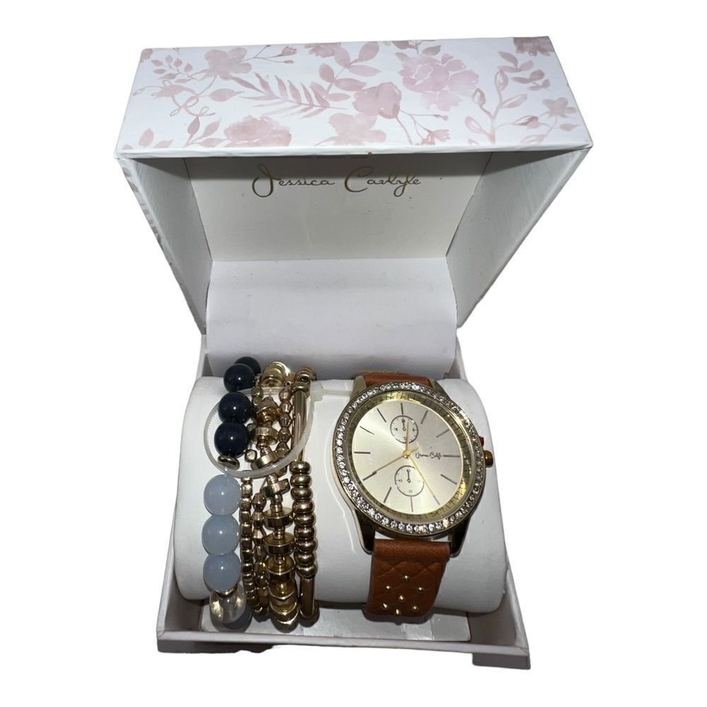 Jessica Carlyle Gold-Tone Brown Studded Strap Analog Watch & Bracelets New